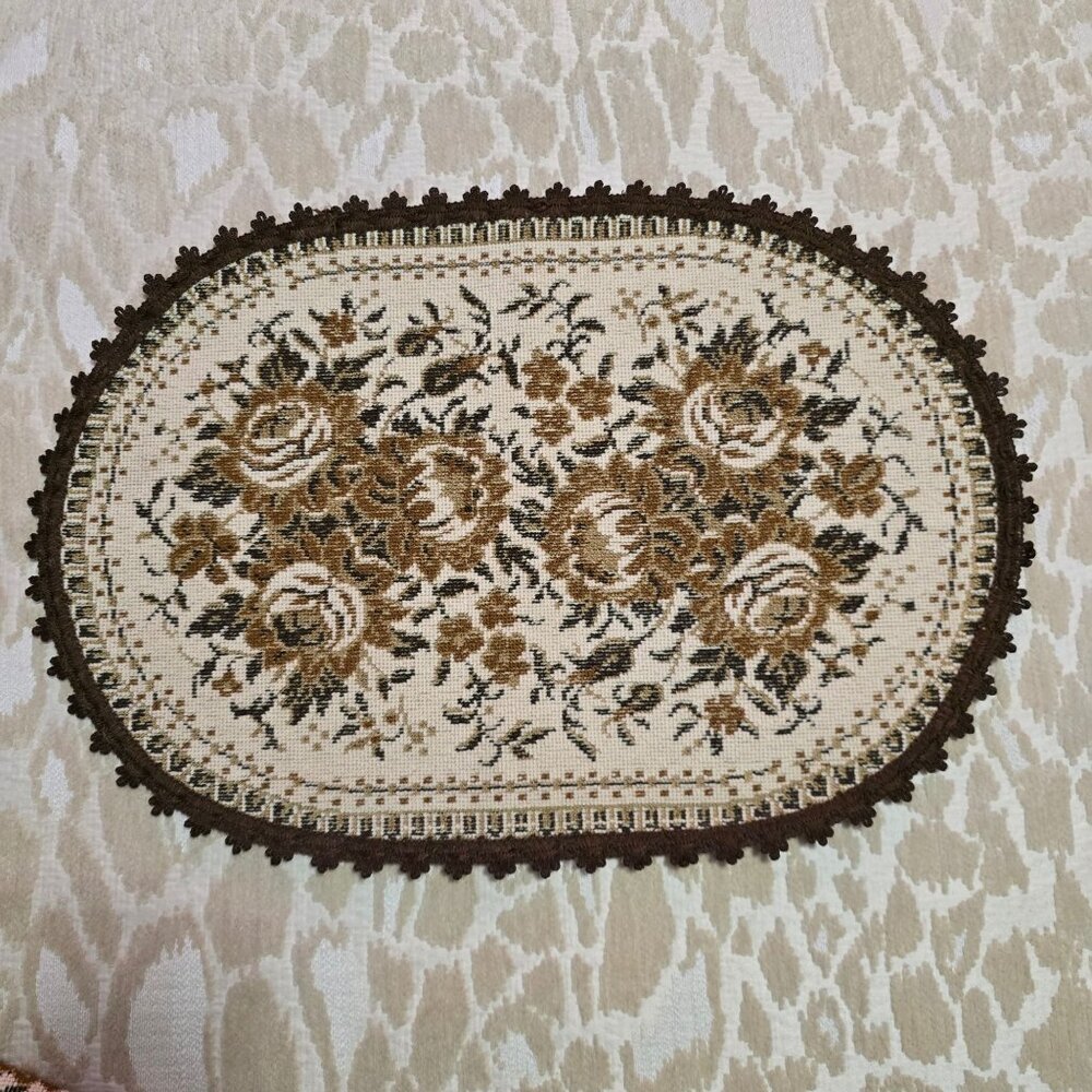 Set Of 2 Oval Vintage Tapestry Table Runner Gobelin Flower Pattern Off White - Picture 4 of 10